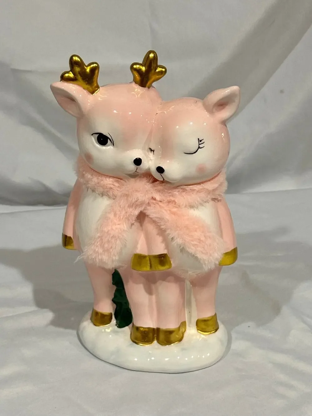 Bella Lux 11” Pink Reindeer Ceramic Figurine Christmas Decor Antlers Faux Fur